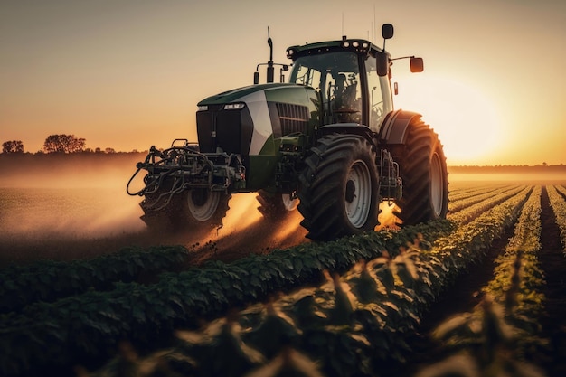 Tractor spraying pesticides on soybean field at spring AI Generation