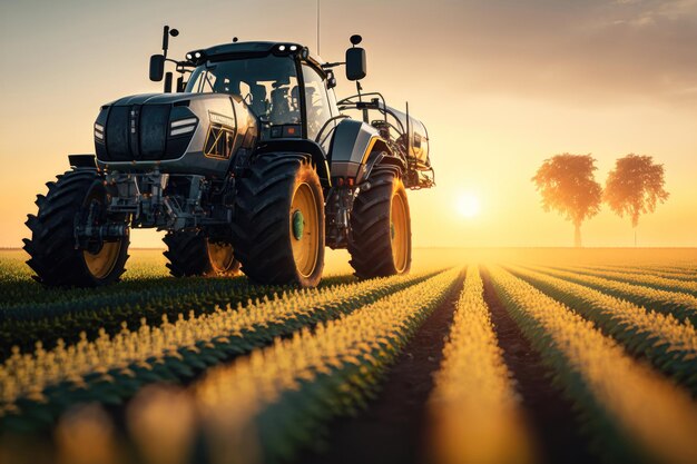 Tractor spraying pesticides on soybean field at spring AI Generation