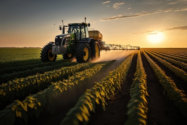 Tractor spraying pesticides on soybean field at spring AI Generation