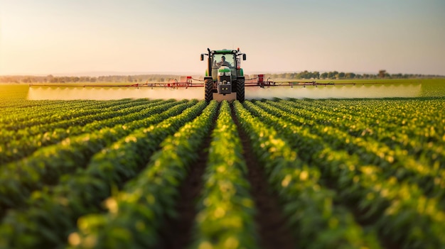 Tractor spraying pesticides on soybean field with sprayer at spring