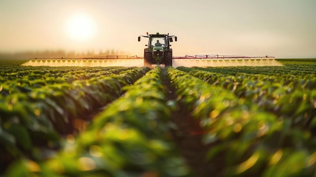 Tractor spraying pesticides on soybean field with sprayer at spring