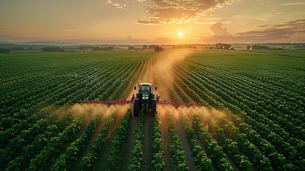 tractor spraying soil and plant sprouts in a field Protecting crops and promoting growth for harvest