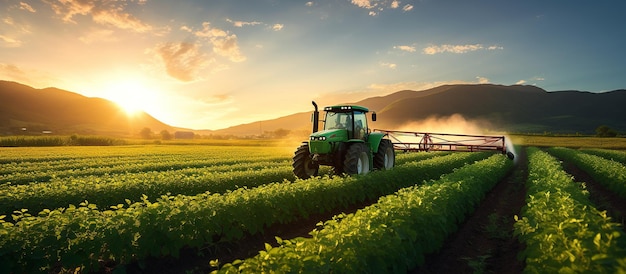 Tractor spraying soybean field in sunset