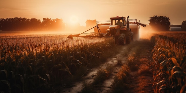 Tractor sprays pesticides on corn fields at sunset