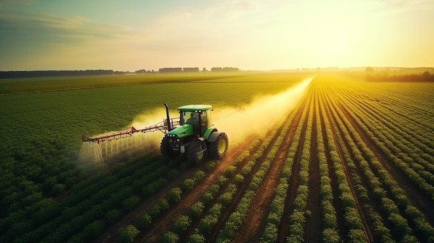 Tractor sprays pesticides on the field