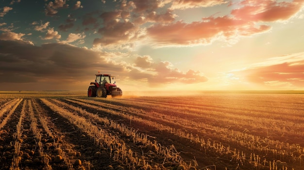 a tractor in the sunset