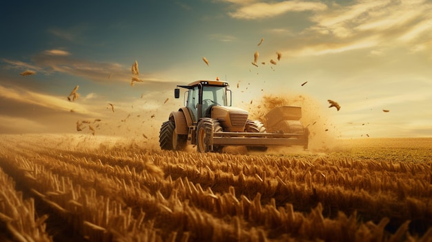 a tractor in a wheat field with birds flying around