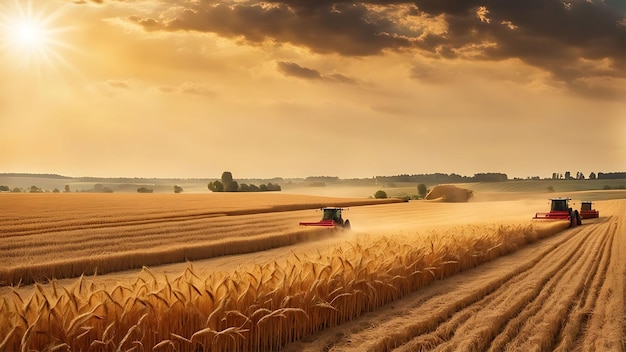 a tractor in a wheat field with a sunset in the background