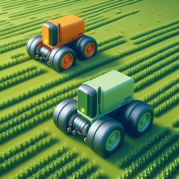 Photo a tractor with blue wheels is on a field of grass