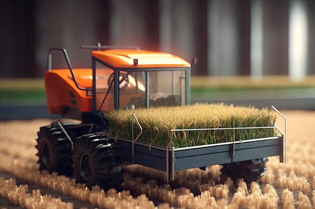 a tractor with grass growing in it's bed on the side of a road next to an orange truck