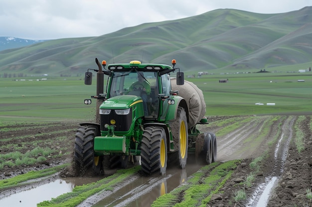 Photo a tractor with a sack of fertilizer moves along the field in the spring