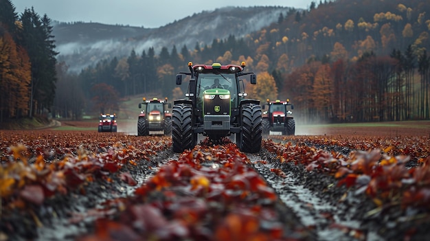 Photo a tractor with the word tractor on it is driving through a field of leaves