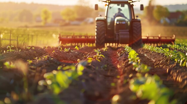 Tractor working in the field at sunset The image is warm and inviting and the colors are vibrant