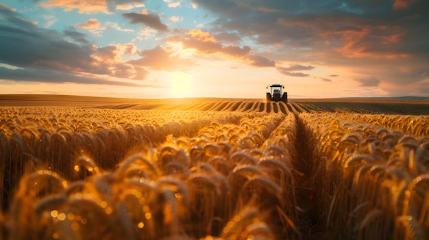 Tractor working in a golden wheat field at sunset under a colorful sky