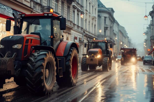 Tractors driving through city streets during rainy twilight Urban agriculture machinery