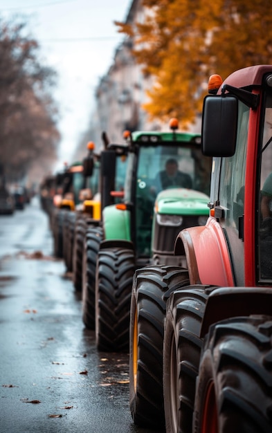 Photo tractors lined up on the street during fall season agriculture machinery