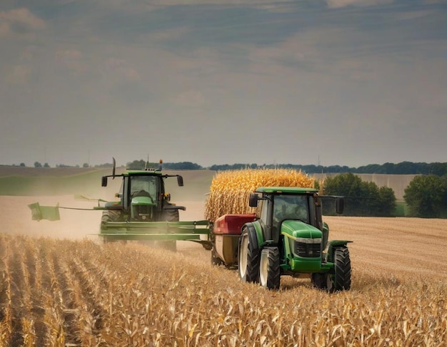 Tractors plow the fields harvest sunflowers and corn