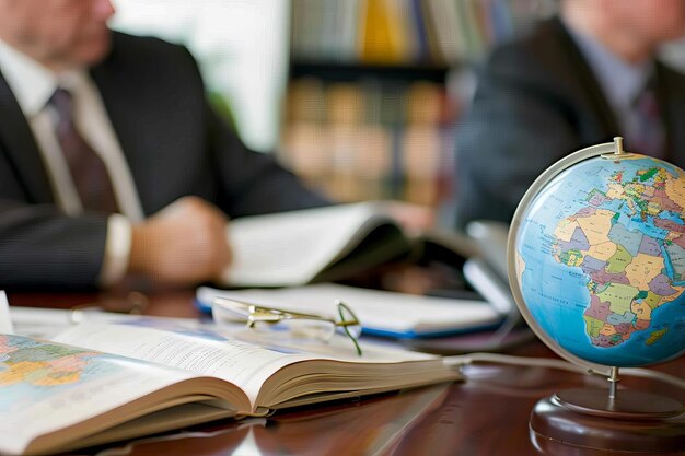 Photo a trade lawyer advising a client on international trade laws and regulations with legal books and documents on the table