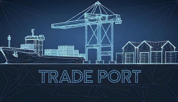 Photo trade port low poly wireframe banner template digital vector cargo ship container and crane