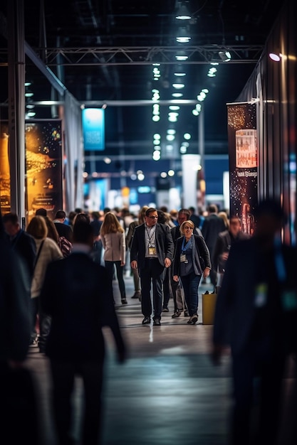 trade show with a bustling exhibition hall filled with people AI generated