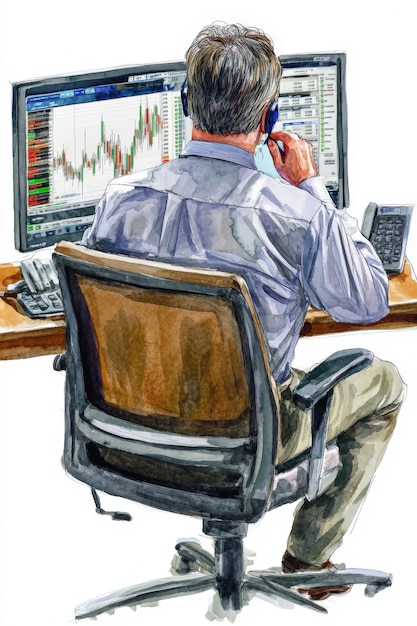 Photo trader analyzing market data in a modern office setting