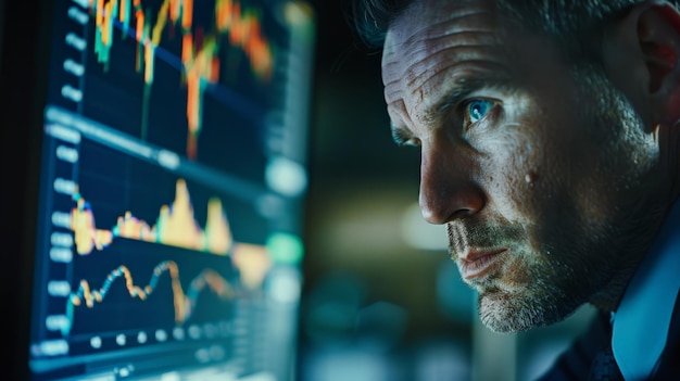 Trader intently watching market fluctuations on computer screens Decision making and