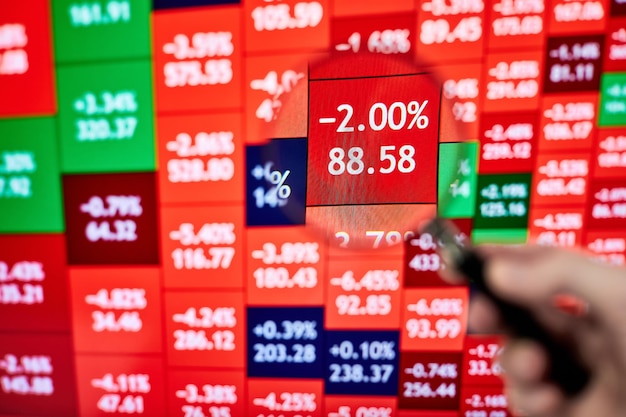 A trader looking at a stock heatmap through a magnifying glass