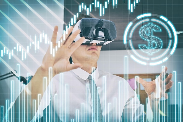 Trader man in office with VR glasses using financial interface