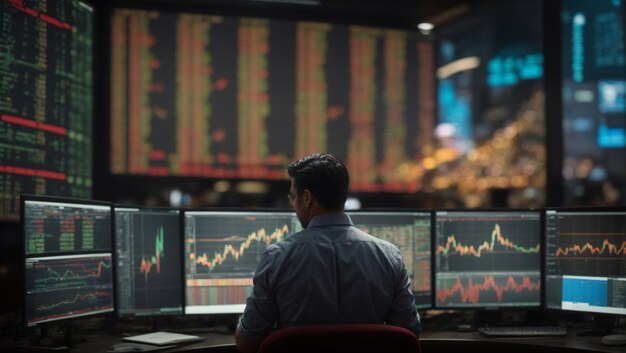 Trader Operando en su estacion llena de pantallas con graficos