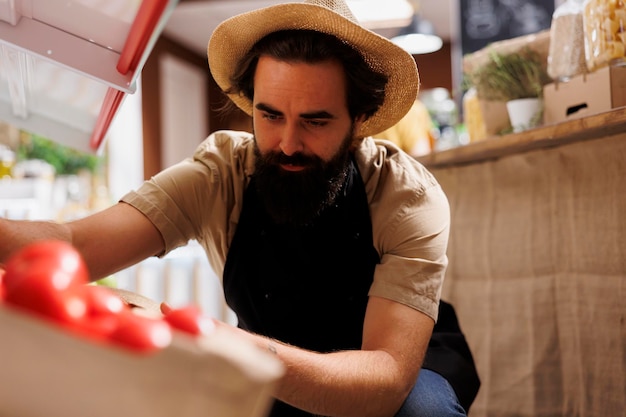 Photo trader placing food on store shelves