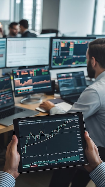 Traders Working in Office with Multiple Computer Screens with Real Time Stocks Commodities and Exc