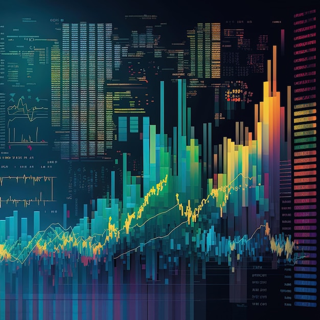 Trading business chart on dark colorful neon background AI