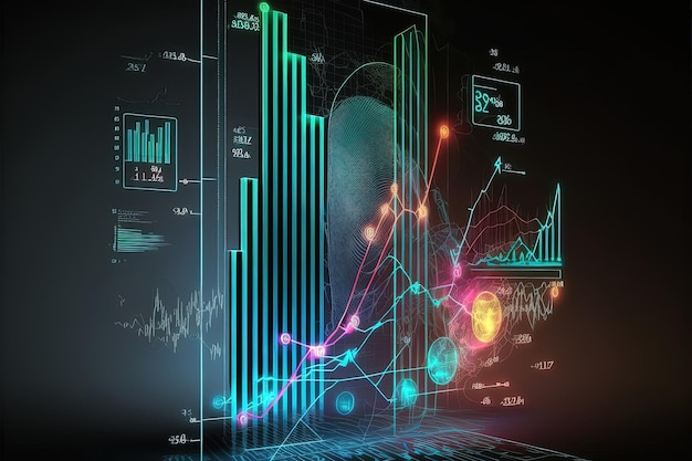 Trading business chart on dark colorful neon background AI