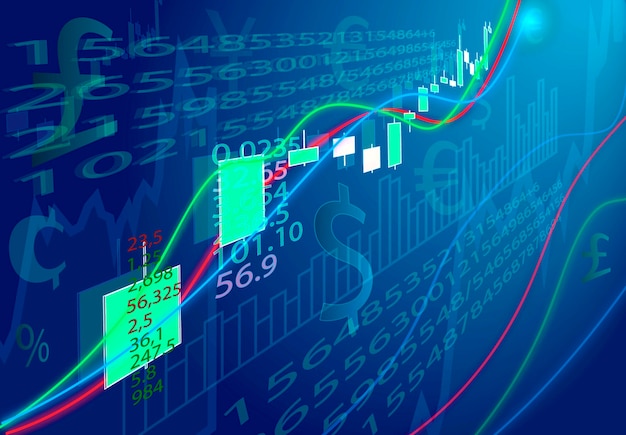 Trading chart with numbers and currency signs on a blue background, abstract background