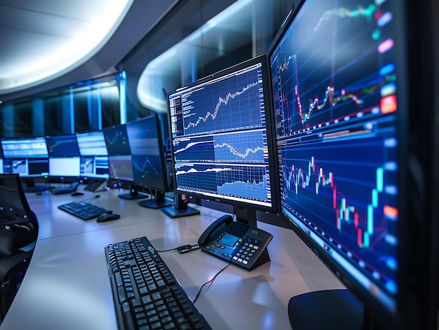 Trading desks with bond market yield curve graphs