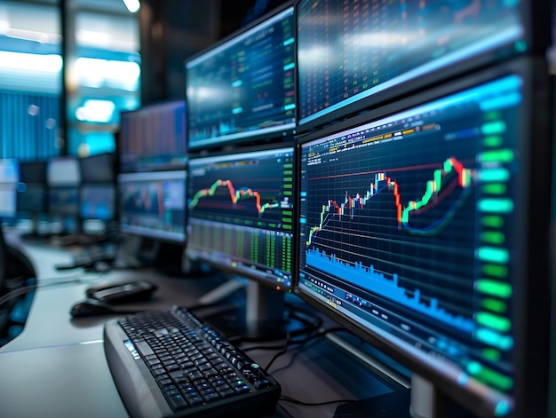 Trading desks with bond market yield curve graphs