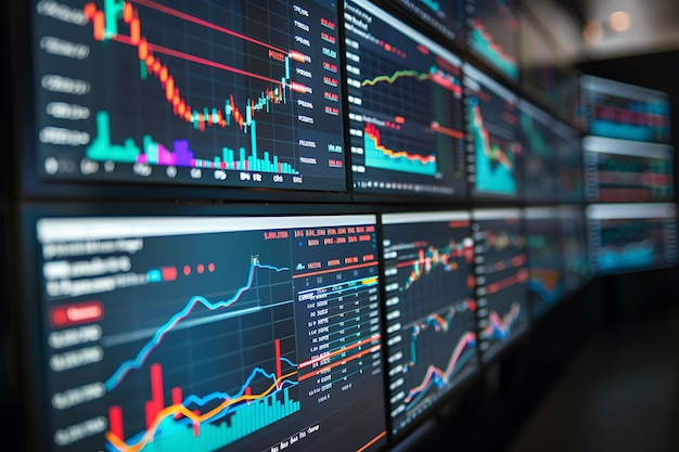 Trading room analytics screens with market volatility metrics