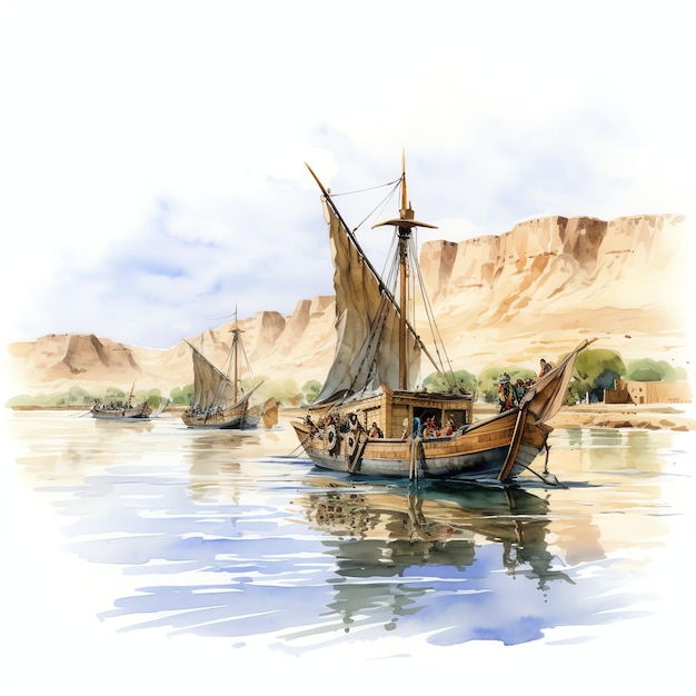 Trading ships on the Tigris or Euphrates rivers illustration