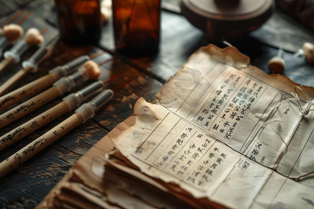 Photo traditional acupuncture needles ancient chinese medical texts and holistic herbs displayed on an old wooden table