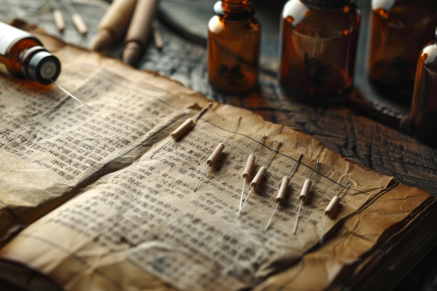 Photo traditional acupuncture needles ancient chinese medical texts and holistic herbs displayed on an old wooden table