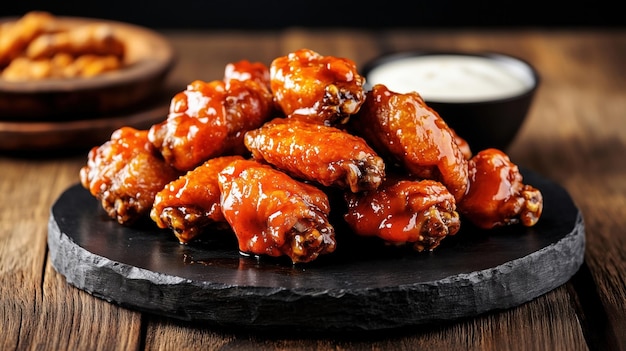 Photo traditional american food buffalo wings the image shows a stack of chicken wings coated in a vibrant redorange sauce served on a slate platter with a dip on the side