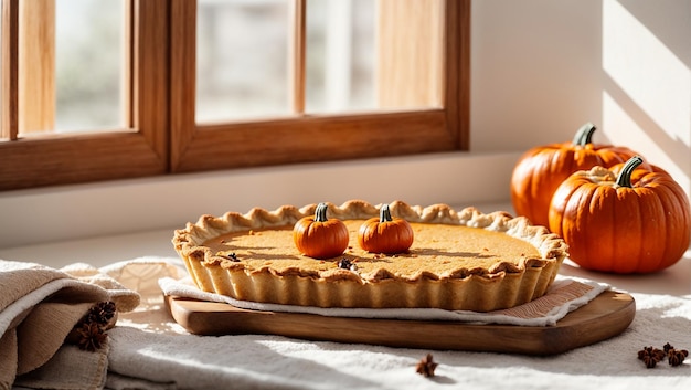 Traditional American pumpkin pie in the kitchen