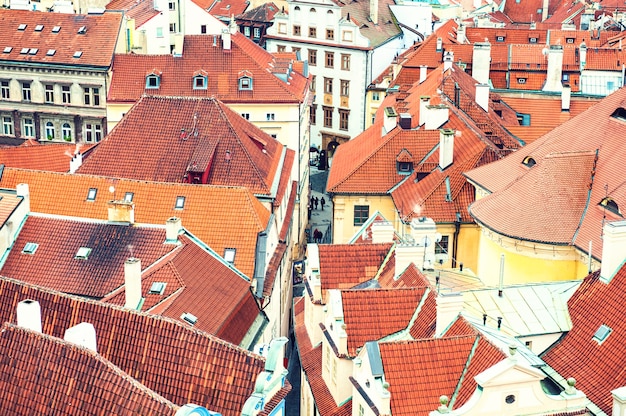 Traditional ancient architecture with red roofs in Prague, Czech Republic