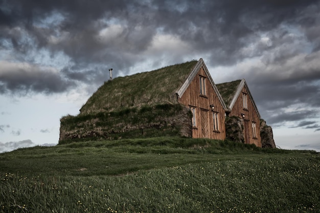 Traditional ancient Icelandic turf houses in the northern Iceland travel background