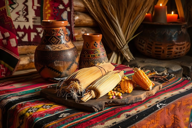 Photo traditional andean corn and meat tamales served on a wooden board regional food