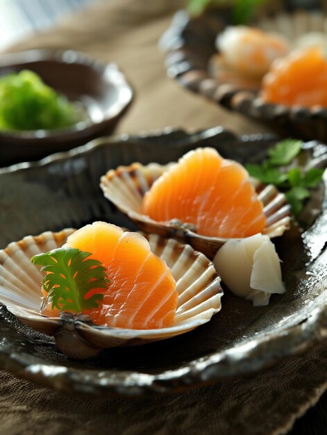 Photo traditional aoyagi sashimi with round clams in a savory broth