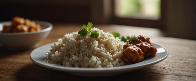 Traditional Arabian dish Saleeg of creamy white rice served with chicken closeup in a plate on the table horizontal