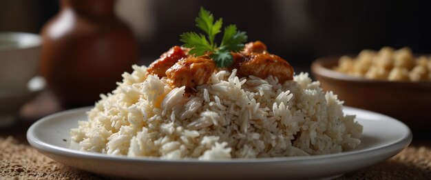 Traditional Arabian dish Saleeg of creamy white rice served with chicken closeup in a plate on the table horizontal