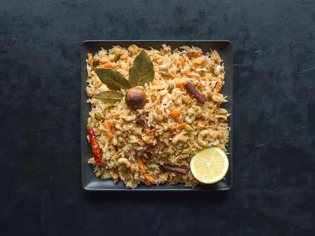 Traditional Arabic Basmati rice with vegetables. Arabic cuisine. Vegetable Biryani