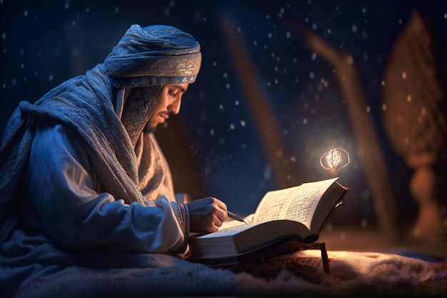 In traditional Arabic clothing an Arab man recites the Qur39an outdoors under the moonlit sky honoring the Islamic faith